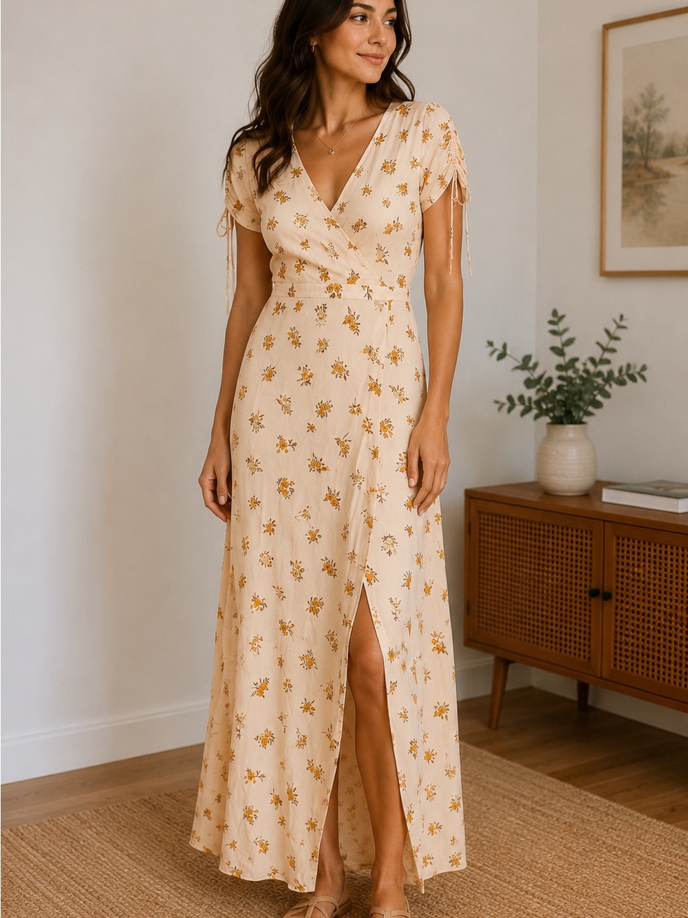 Madewell 100% Silk Floral Faux Wrap Maxi Dress Cream Yellow Size 8